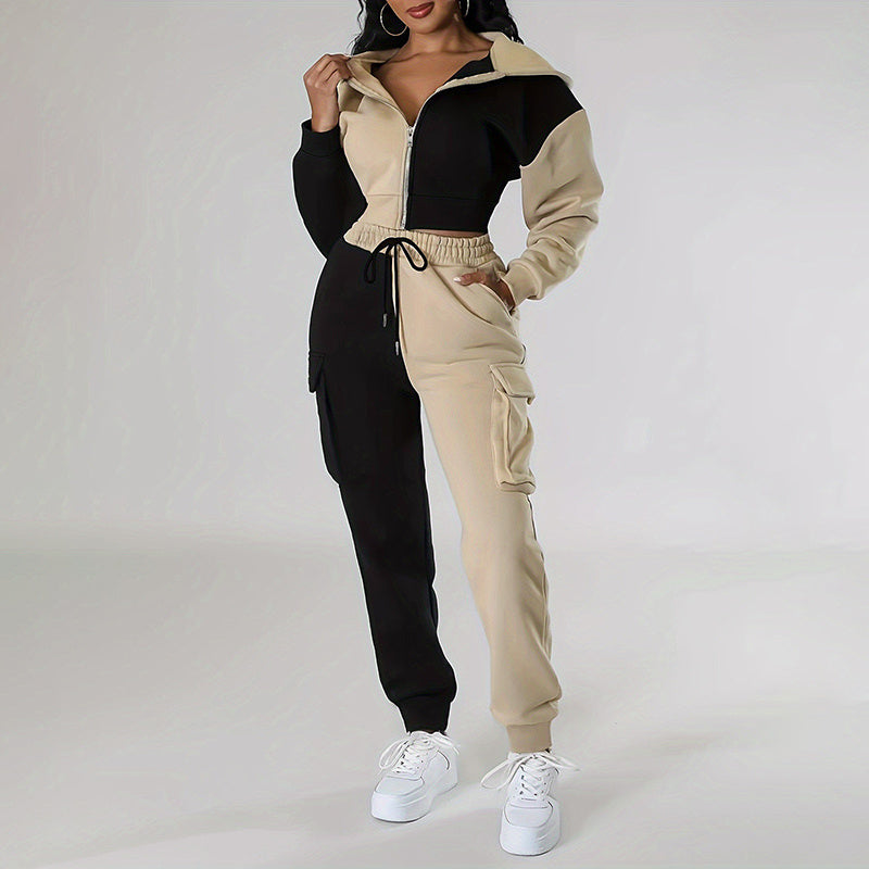 Colorblock Streetwear 2-Tone Cropped Zipper Sports Hoodie Jacket & Drawstring Cargo Pocketed Sweatpants Women's Tracksuit to 3X Plus Size