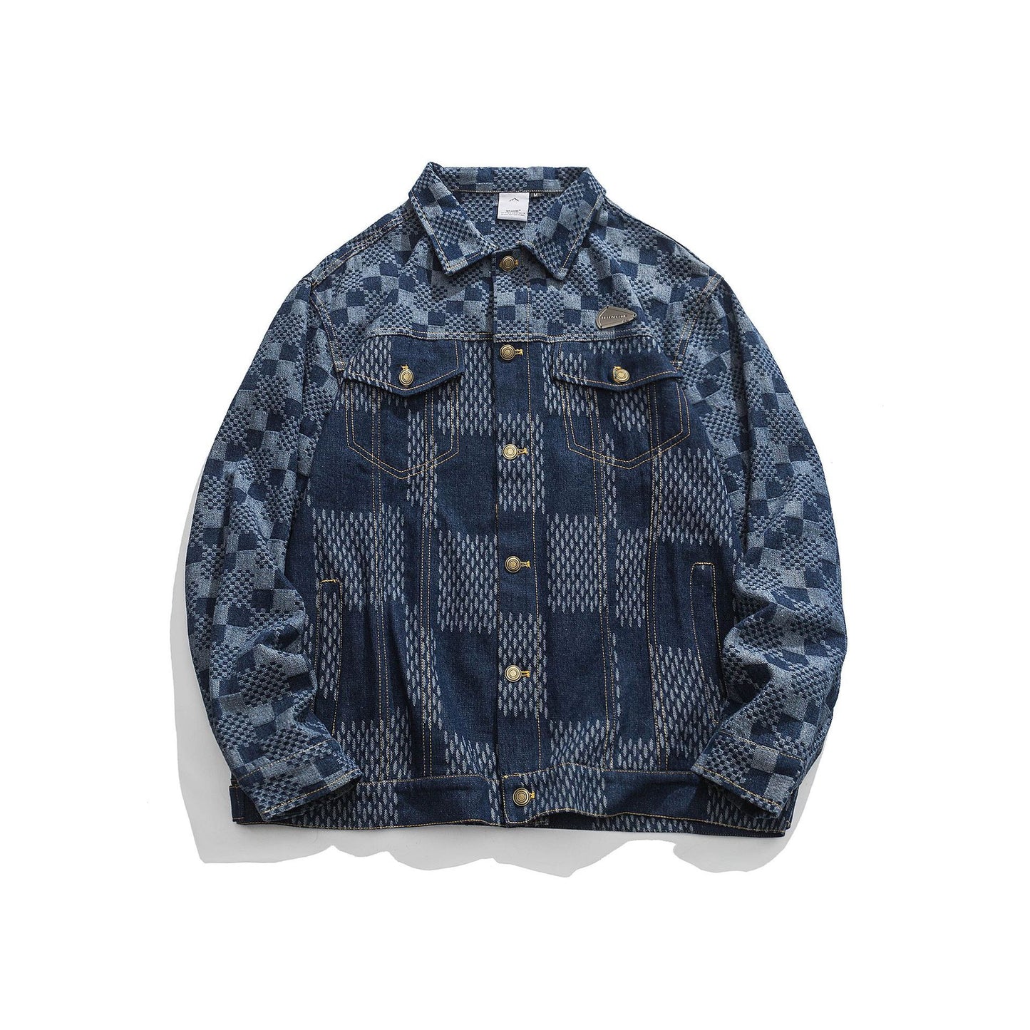 Men's Denim Colorblock Checker Plaid Print Jean Jacket