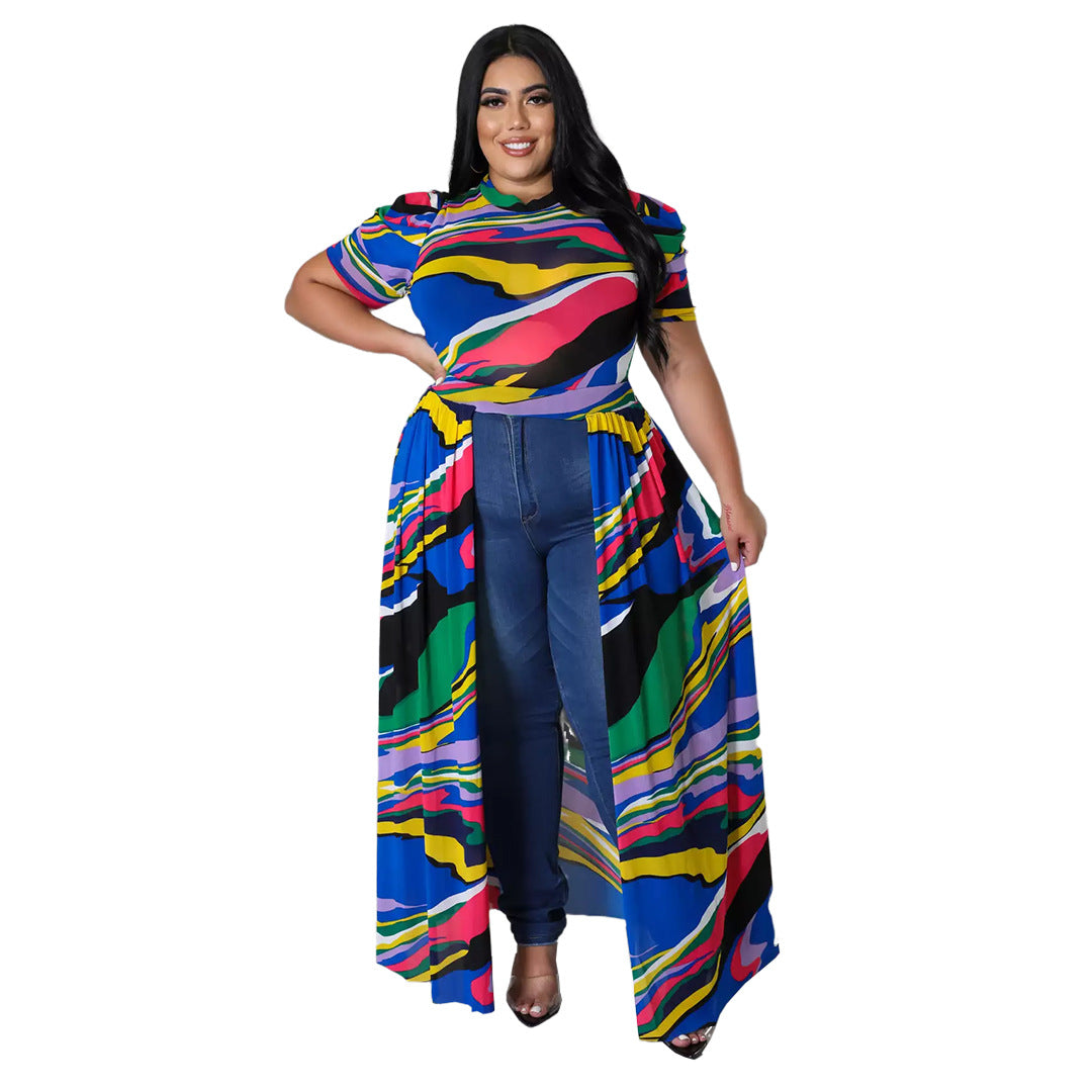 Mesh High-Low Geometric/Floral Pile Sleeve Cut-Out Maxi Blouse to 5X Plus Size