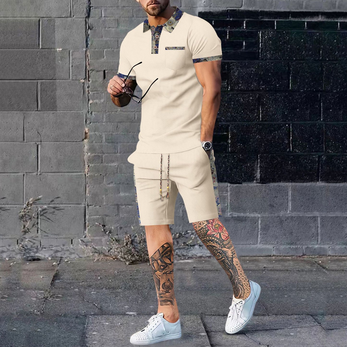 Men's Waffle Pattern Polo Shirt + Drawstring Shorts 2-Piece Set