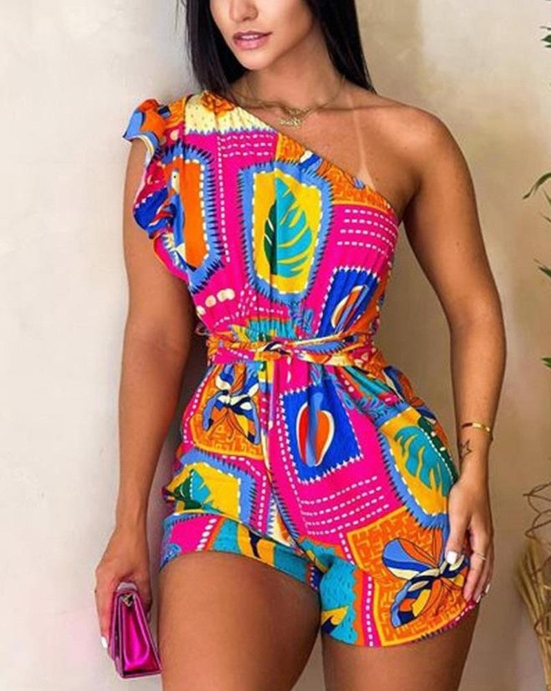 Tropical Print Women's Asymmetrical One Shoulder Ruffled Lace-Up Shorts Romper
