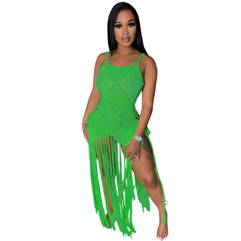 Tassel Fringe Detail Sleeveless Spaghetti Strap Skinny  Transparent Maxi Dress