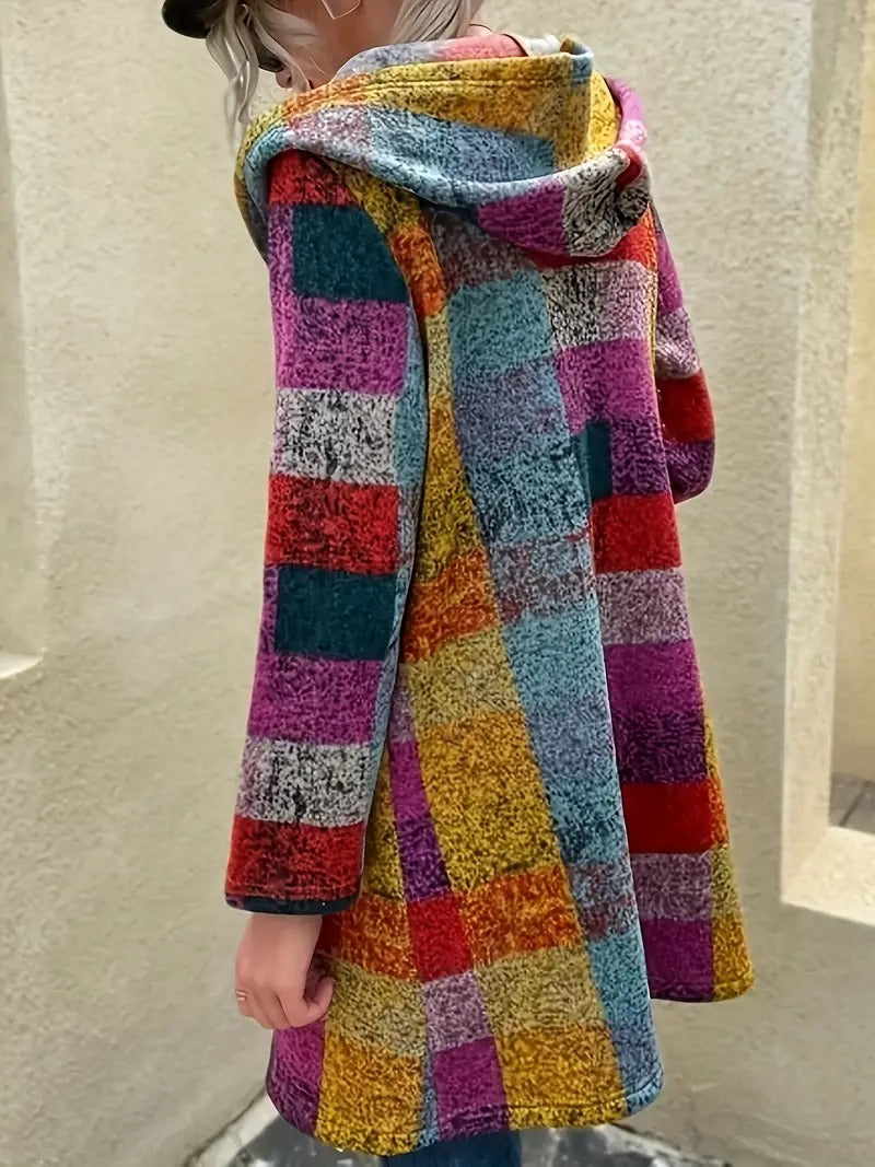 Rainbow Plaid Colorblock Geometric Print Women's 3/4 Length Pocketed Hoodie Coat