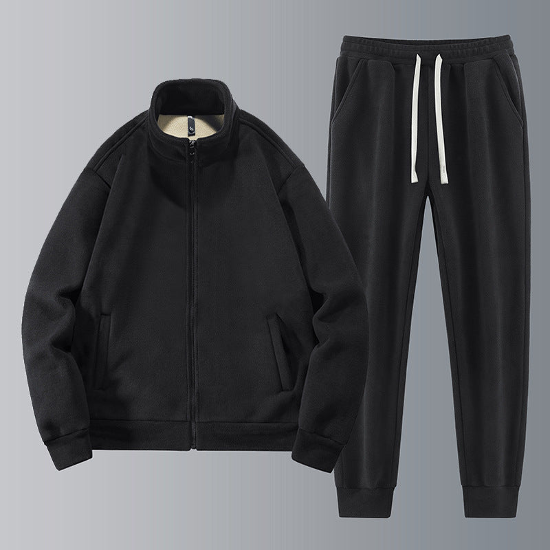 Men's Mandarin Collar Solid Color Fleece Hoodie Zipper Jacket + Drawstring Sweatpants Tracksuit w/ Belt Bag