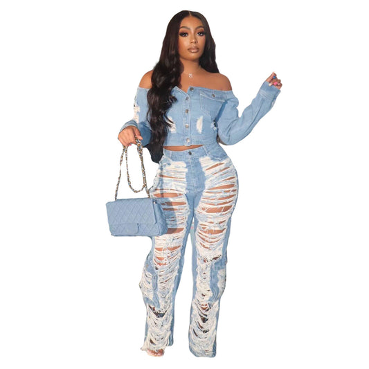 Denim Button-Up Double Pocket Crop Jean Shirt + Off-the-Shoulder Hollow-Out Ripped Fringe Cargo Jeans Women's 2-Piece Set