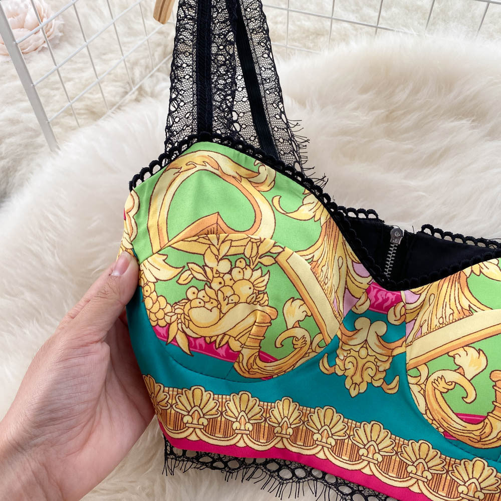 Baroque Lace Stitched Floral Print Crop Tank Top + Pleated Maxi Skirt Women's 2-Piece Set