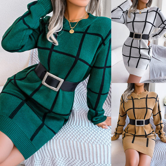 Colorblock Plaid Print Long Sleeve Base Mini Sweater Dress