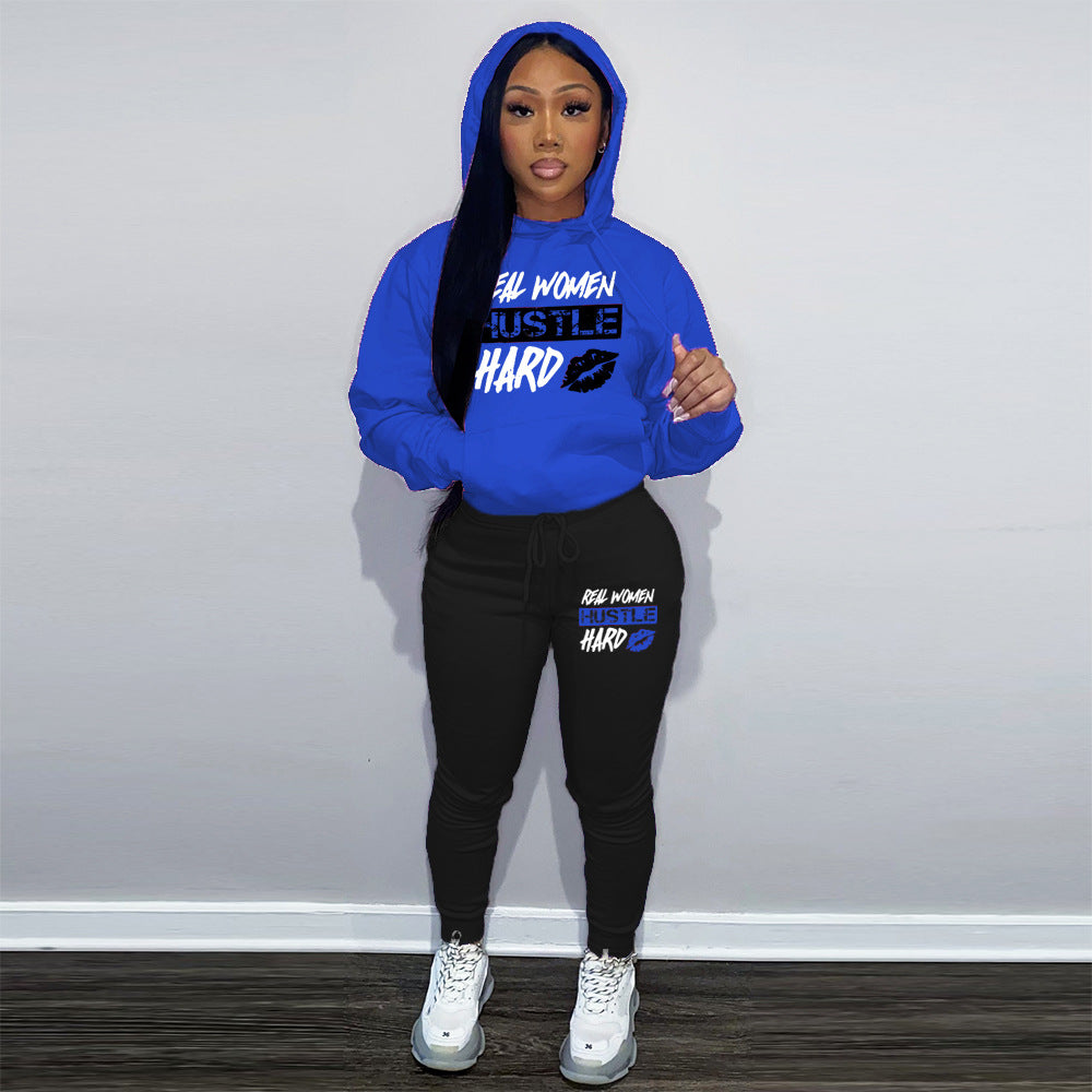 "Real Women Hustle Hard" Letter Print Velvet Lined Drawstring Hoodie Sweatshirt + Women's Skinny Jogger Sweatpants Tracksuit to 5X Plus Size