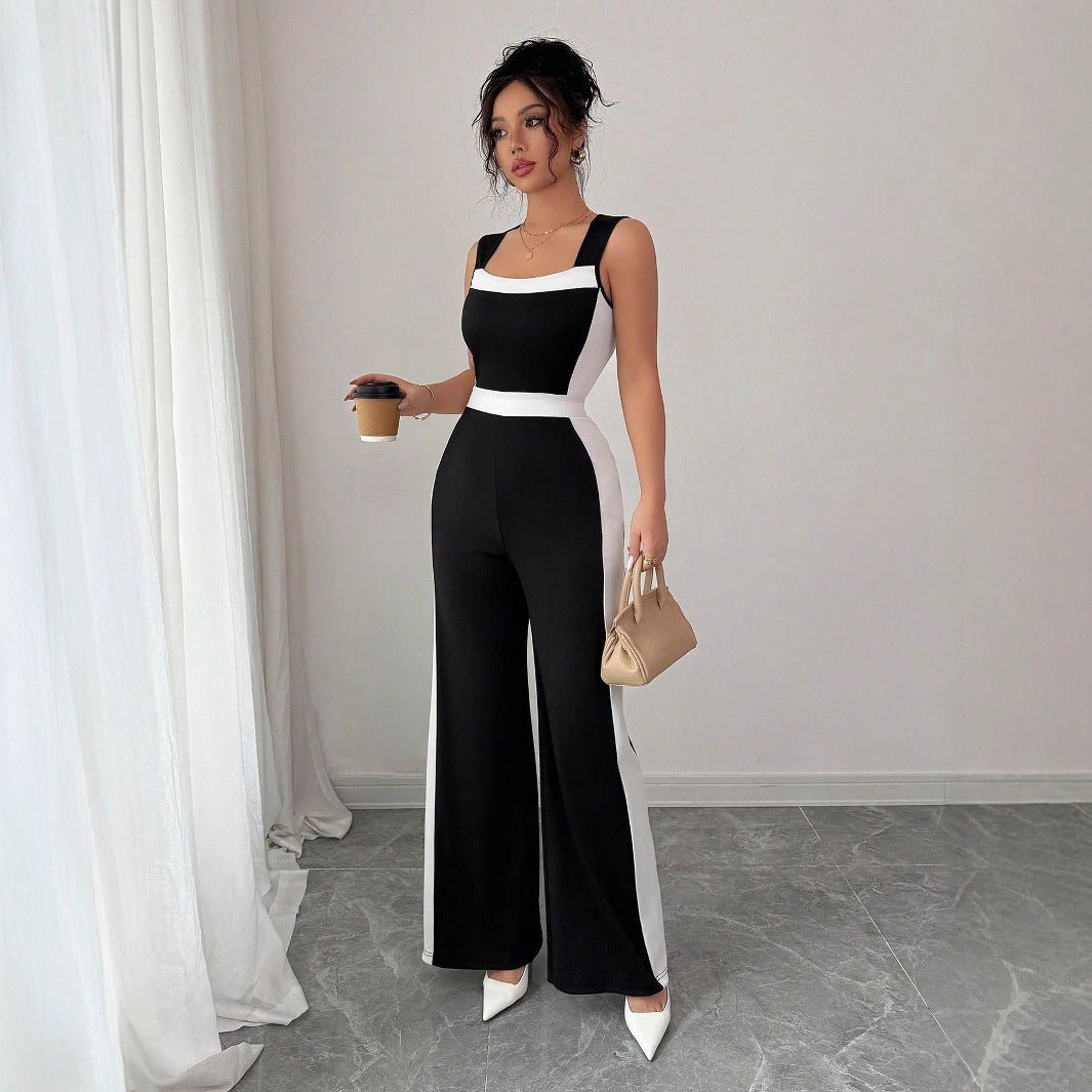 Colorblock Black/White Side Striped Women's Sleeveless Wide Leg Bodycon Jumpsuit