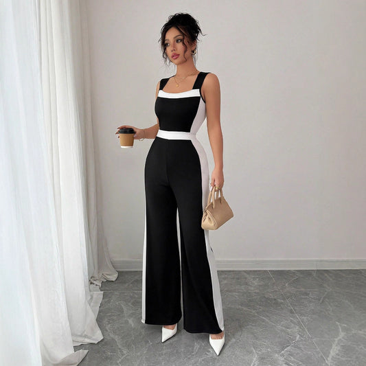 Colorblock Black/White Side Striped Women's Sleeveless Wide Leg Bodycon Jumpsuit