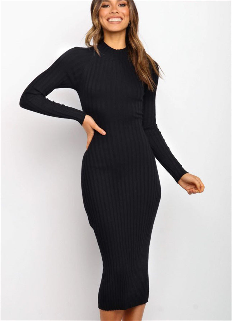Ribbed Mock Neck Long Sleeve Solid Color Hollow-Out Back Skinny Sweater Dress