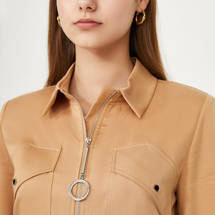 Rivet Turn-Down Collar Long Sleeve Skinny Solid Color Women's Zipper Jumpsuit w/ Sash Belt