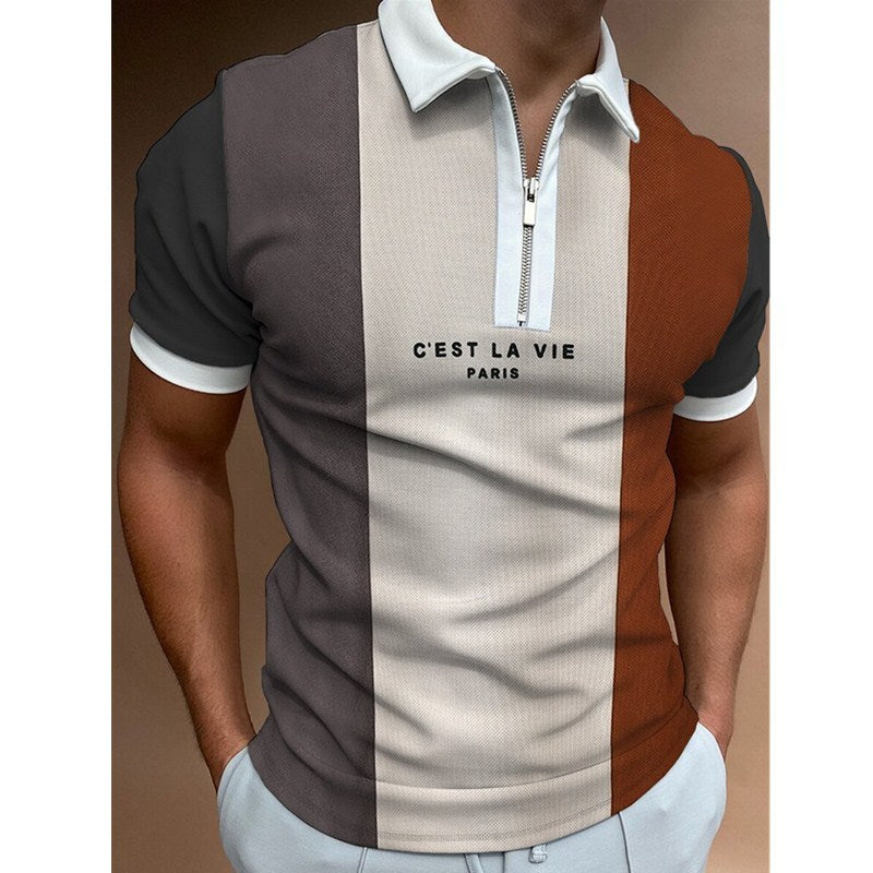 Men's Striped Colorblock Print Short Sleeve Zipper Turn-Down Collar Polo Shirts