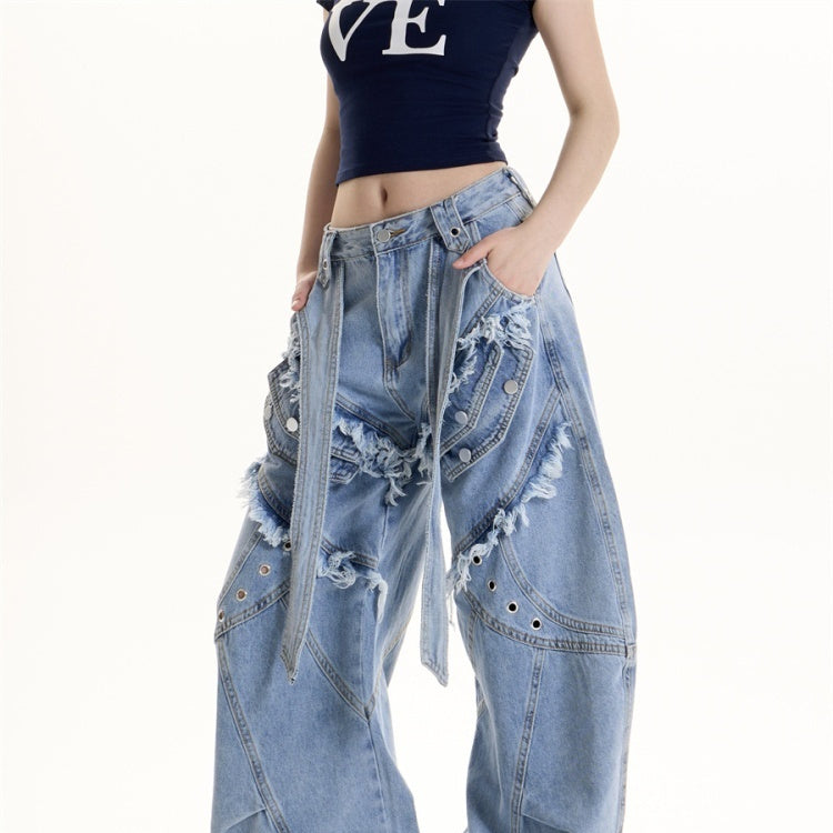 Baggy Tassel Fringe Loose Strap Design Women's Heavy Industry Deconstructive Cargo Jeans