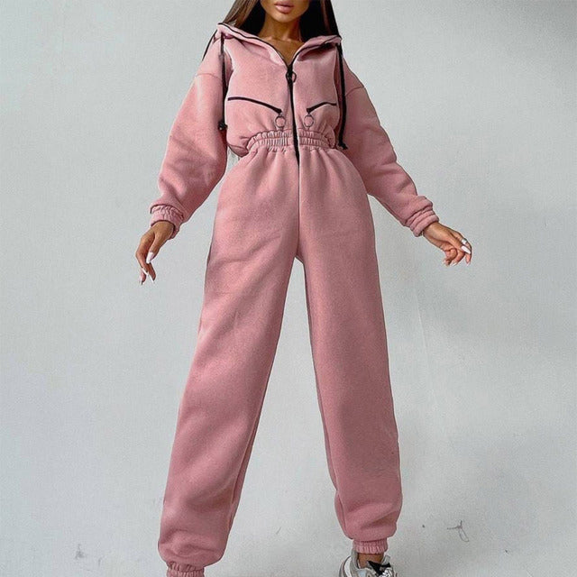 Drawstring Women's Elastic Waist Long Sleeve Hoodie Jumpsuit