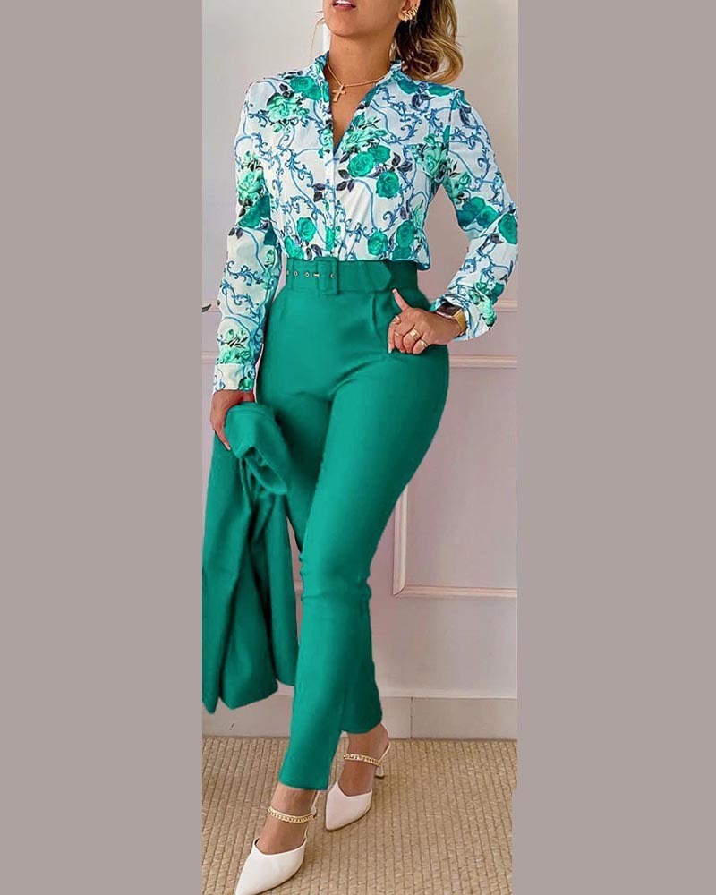 Floral/Geometric/Baroque/Colorblock Gradient Print Long Sleeve Blouse + Solid Color Pants w/ Belt 2-Piece Office Attire Set
