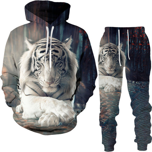 Men's 3D Lion King Print Drawstring Hoodie Sweatshirt + Sweatpants Tracksuit