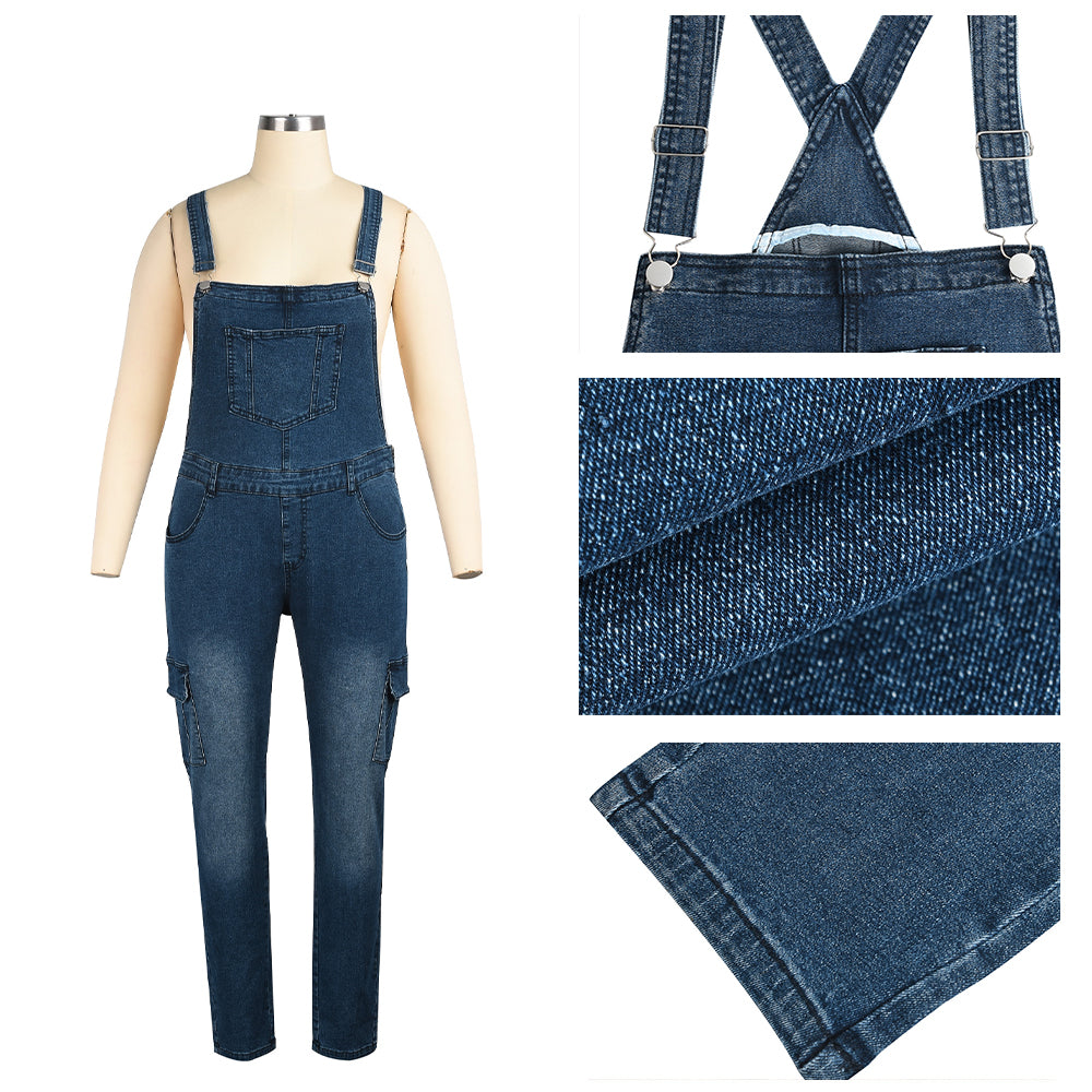 Denim Dark Blue Cargo Pocketed Women's Overall Jeans Jumpsuit to 5X Plus Size