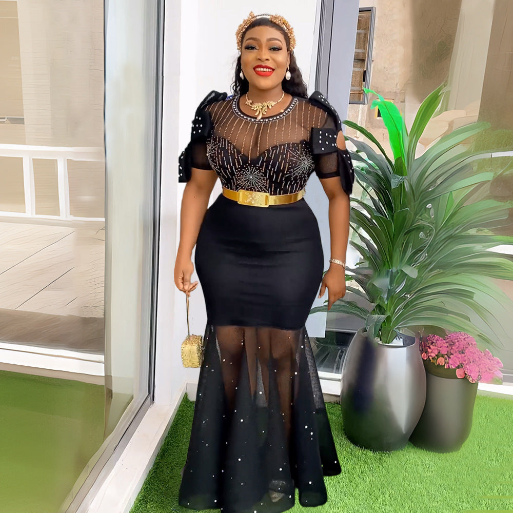 Hot Drill Diamond Beaded Embroidered  Evening Fishtail Formal Maxi Dress to 3X Plus Size