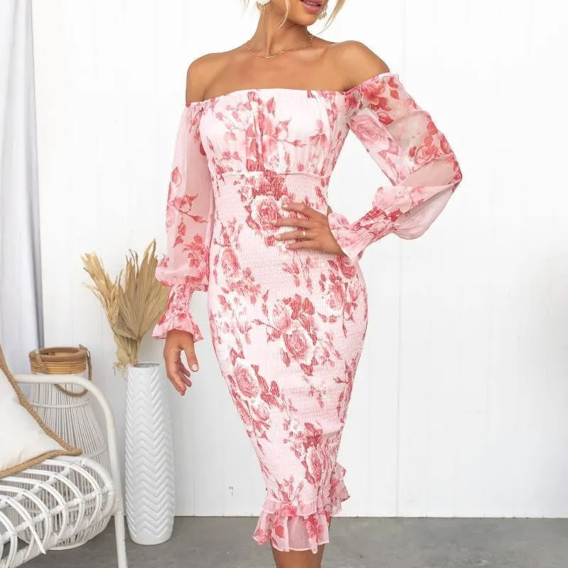 Flower Print Ruched Long Sleeve Off-the-Shoulder Flared Hem Midi Dress