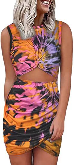 Ruched Tie-Dye/Leopard/Flower/Gradient Colorblock/Tropical Round Neck Hollow-Out Pullover Sleeveless Dress