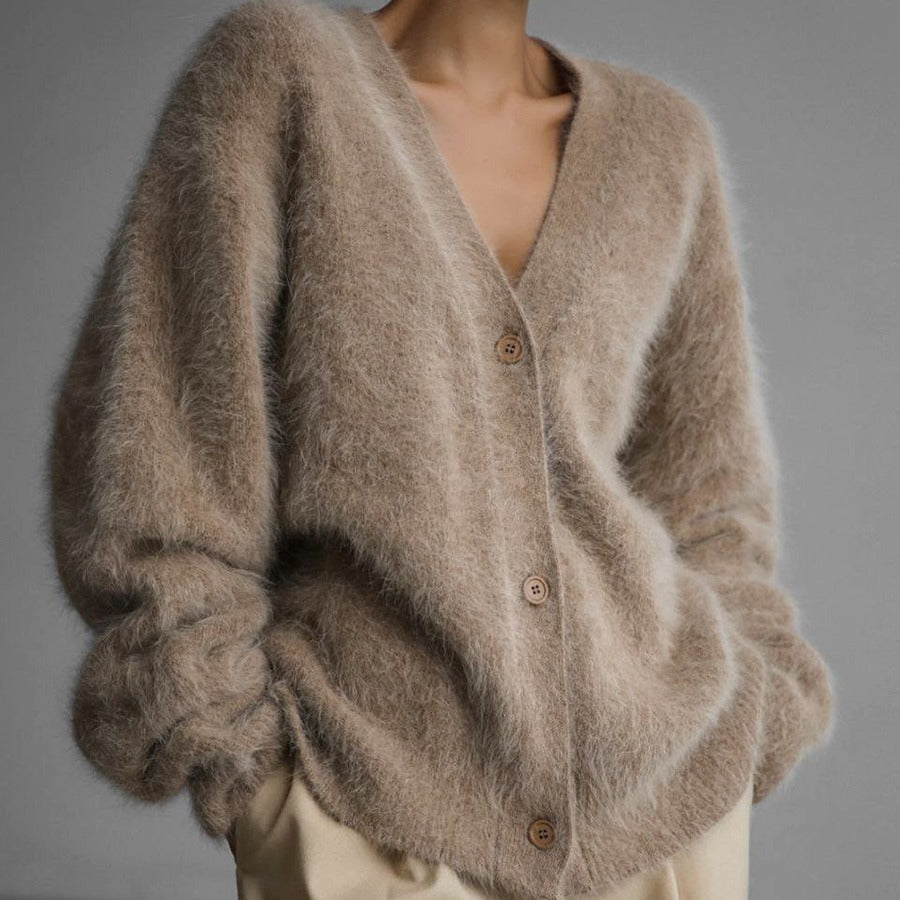 Fuzzy Soft Button Front V-Neck Button Single Breasted Knitted Women's Cardigan Sweater