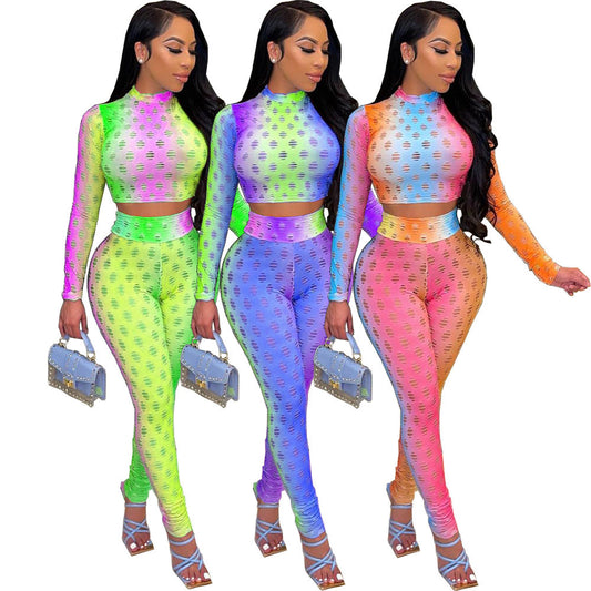Gradient Colorblock Mock Neck Long Sleeve Crop Top + Leggings Skin Tight 2-Piece Set