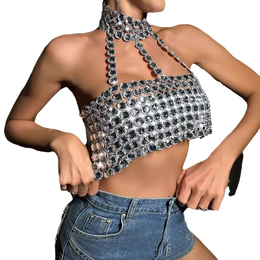 Metallic Gem Embroidery Choker Neck Backless Women's Cami Xrop Halter Tube Top