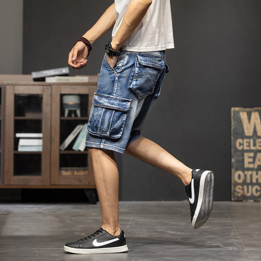 Men's Denim Washed 5-Point Multi-Pocket Cargo Jean Shorts