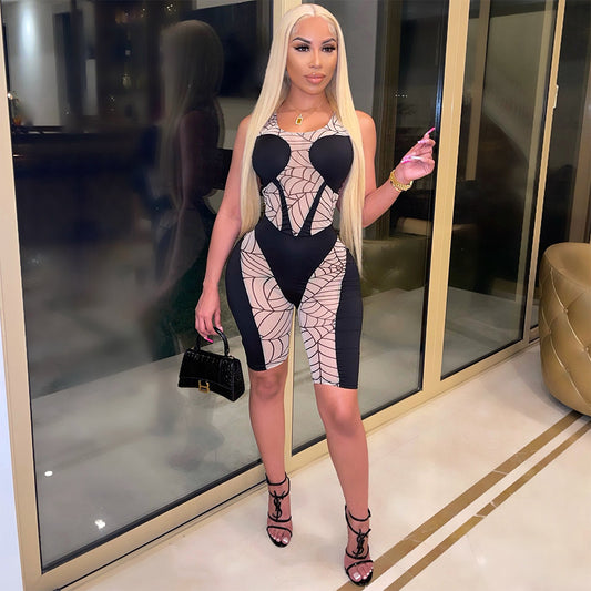 Sheer Transparent Stitched Sleeveless Women's Corset Top Shorts Romper