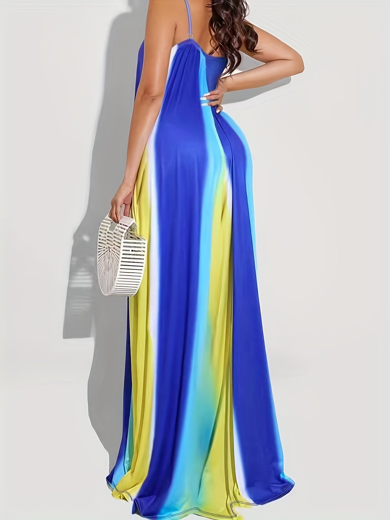 Oversized Tie-Dye Striped Colorblock V Neck Flowing Spaghetti Strap Slingback Maxi Dress to 8X Plus Size