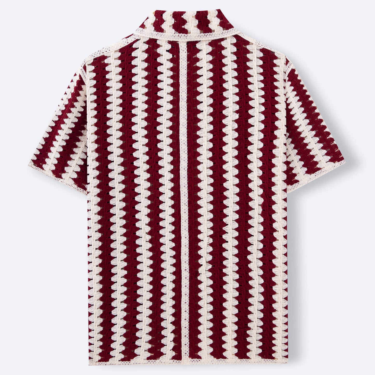 Men's Crochet Burgundy/White Vintage Striped Knitted Short Sleeve Shirt