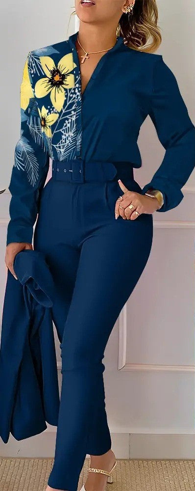 Floral/Geometric/Baroque/Colorblock Gradient Print Long Sleeve Blouse + Solid Color Pants w/ Belt 2-Piece Office Attire Set