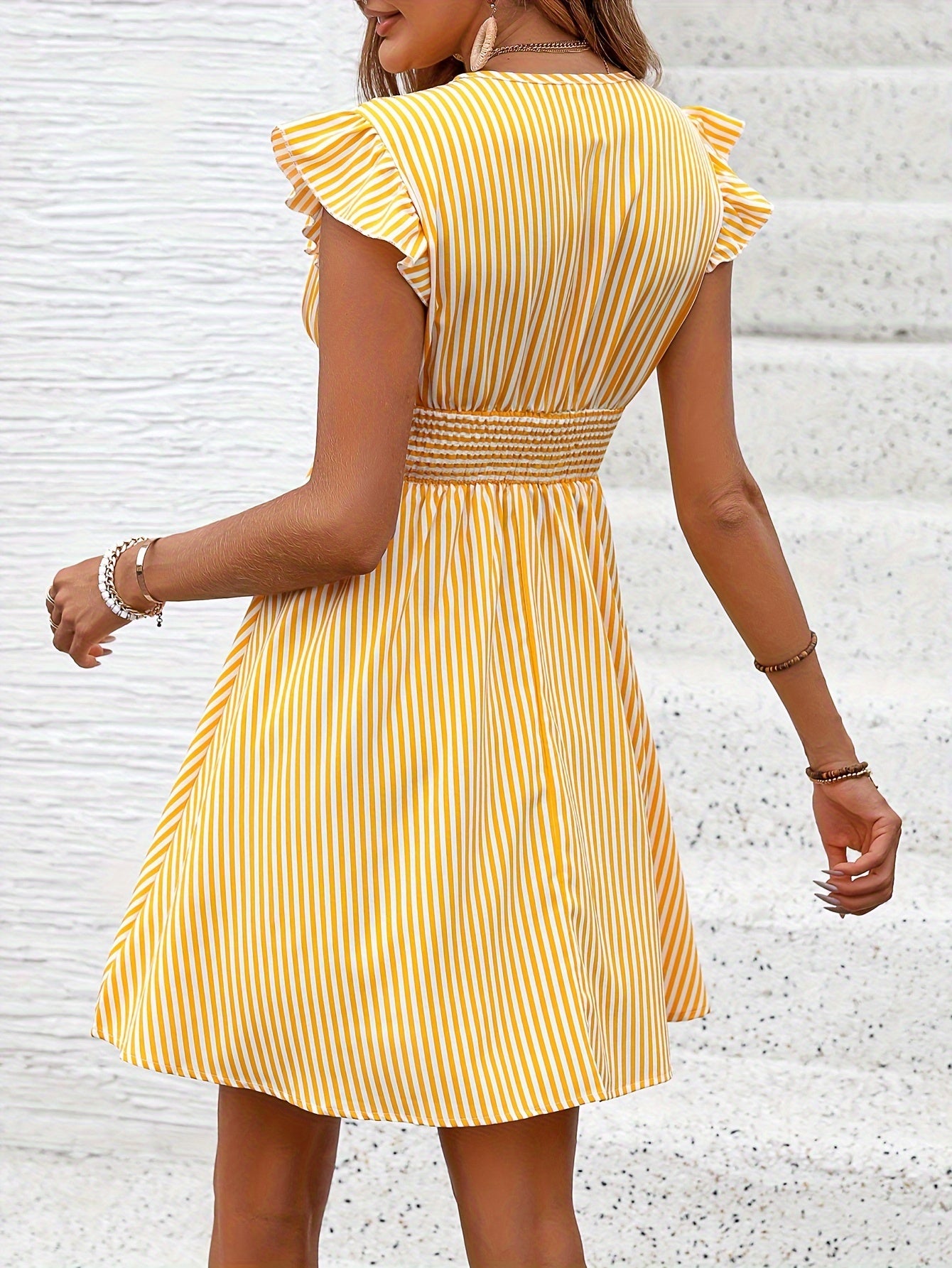 Striped Sleeveless V-Neck Elastic Waist Flared Midi Dress