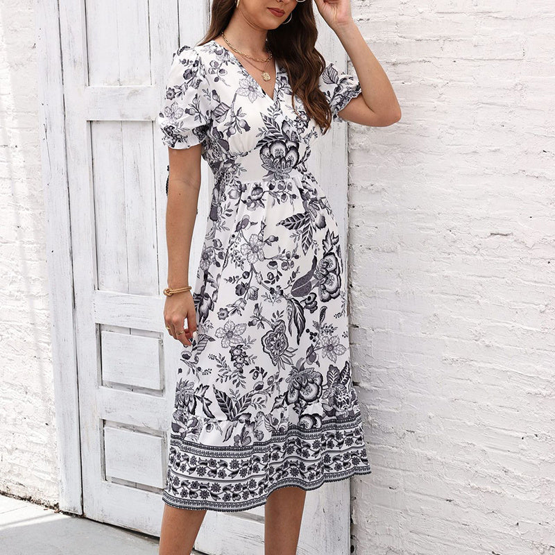 Floral Print Short Puff Sleeve V-Neck Bohemian Flowy Smocked Maxi Dress