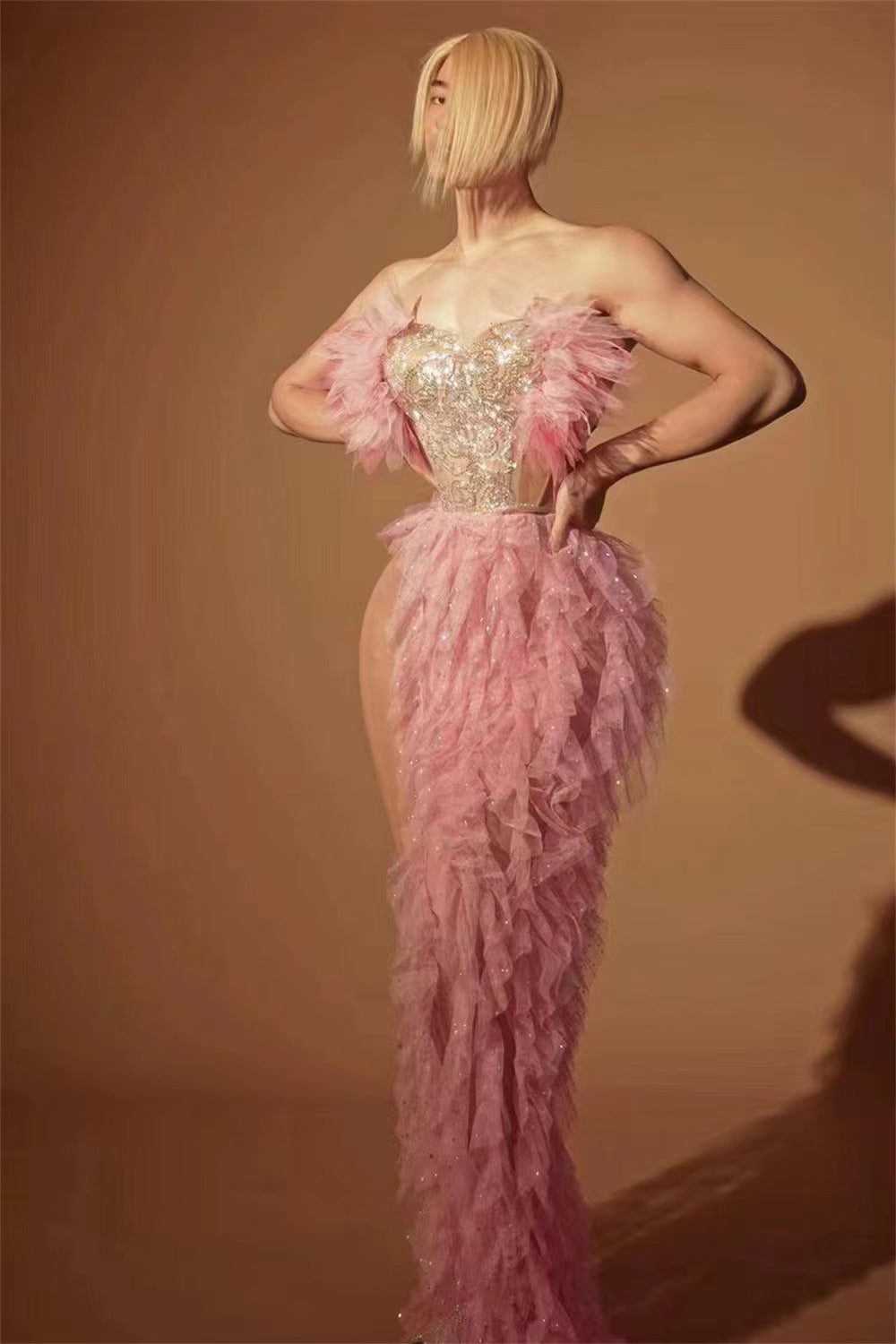 Sleeveless Corset Rhinestone Tassel Fringe Chain Design Ruched High Slit Tube Top Formal Club Dress