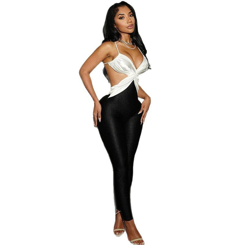 Sleeveless Backless Criss-Cross Colorblock High Waist Skin Tight Jumpsuit