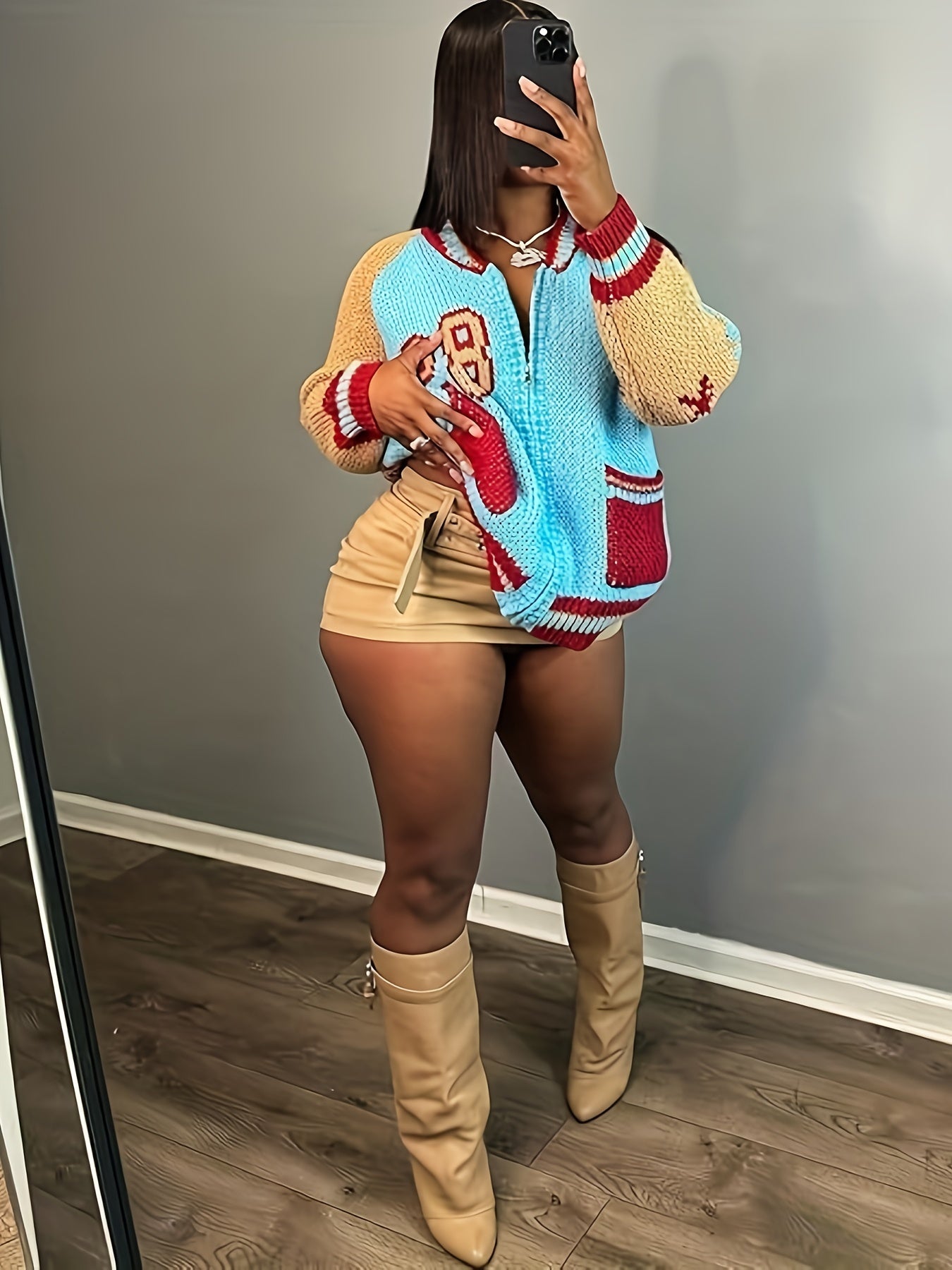 Cropped Oversized Long Sleeve Zipper Knitted Women's Letterman Varsity Cardigan Sweater Jacket