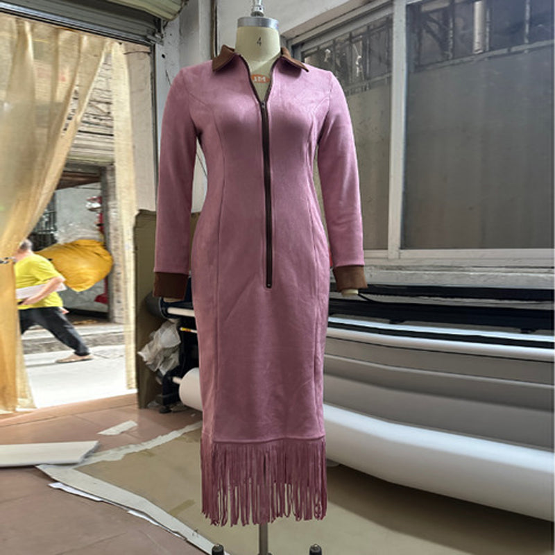 Women's Lapel Collar Maxi Dress With Fringe Hem, Contrast Trim Half-Zip Bodycon Long Dress For Spring And Fall