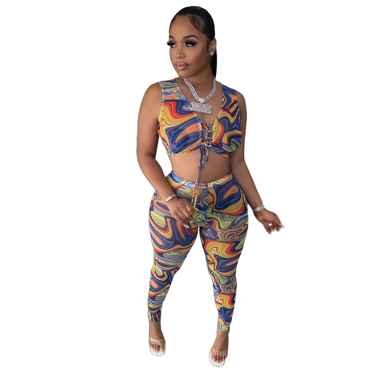 Swirl Print Sleeveless Lace-Up Women's Crop Top + Skinny Leggings 2-Piece Set