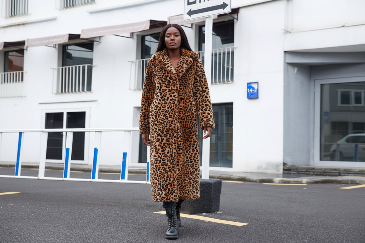 Faux Fur Leopard Print Turn-Down Collar  Women's Trenchcoat to 3X Plus Size