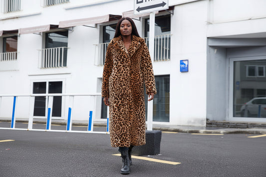 Faux Fur Leopard Print Turn-Down Collar  Women's Trenchcoat to 3X Plus Size
