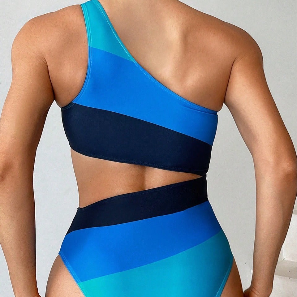 Colorblock Striped Asymmetrical Oblique One Shoulder Women's Hollow-Out One-Piece Swimsuit