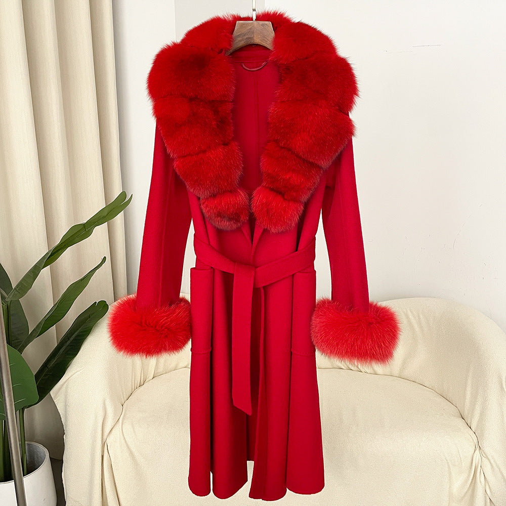 Oversized Fur Collar Double Sided Water Ripple Wool Women's Trenchcoat