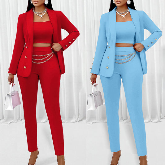 Gold Button Detail Solid Color Blazer Jacket+ Sleeveless Crop Vest Top+ Pants Three-Piece Women's Business Suit
