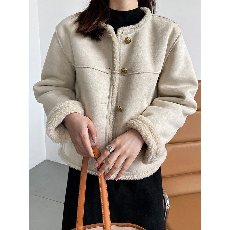 Lamb Faux Fur Plush Fleece Lined  Mandarin Collar Women's Button-Up Jacket