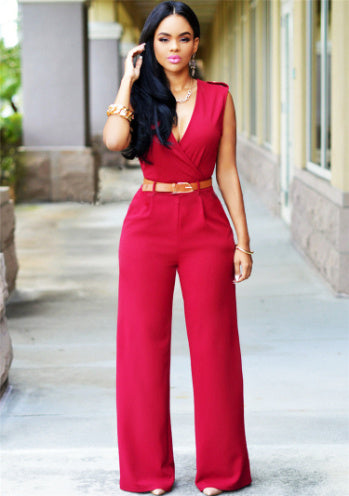 Ruched Sleeveless Deep V-Neck Solid Color Women's Jumpsuit
