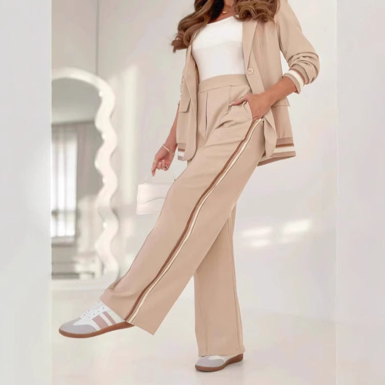 Side Striped Single Button Women's Blazer Jacket + Wide Leg High Waist Trouser Pants Suit to 4X Plus Size