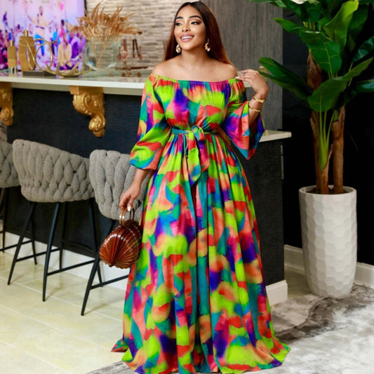 Geometric Multi-Colored Print Off-the-Shoulder Bubble Sleeve Flared Maxi Dress to 3X Plus Size