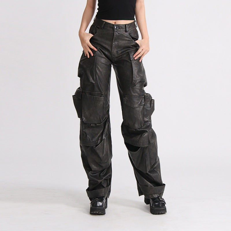 Dark Grey PU Leather High Waist Streetwear Hip-Hop Women's Cargo Multi-Pocketed Wide Leg Solid Color Pants